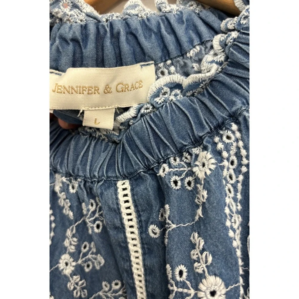 Jennifer&Grace Shirt Womens L Blue Eyelet Embroidered Boho Flutter Sleeve 0350 - Picture 3 of 6